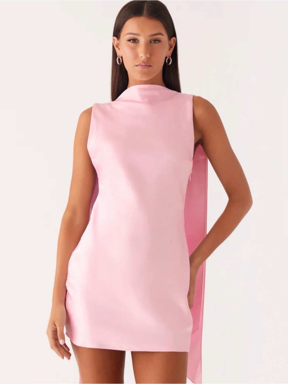 Peppermayo Pink Satin High-Neck Mini Dress with Draped Back Panel - Picture 1 of 3